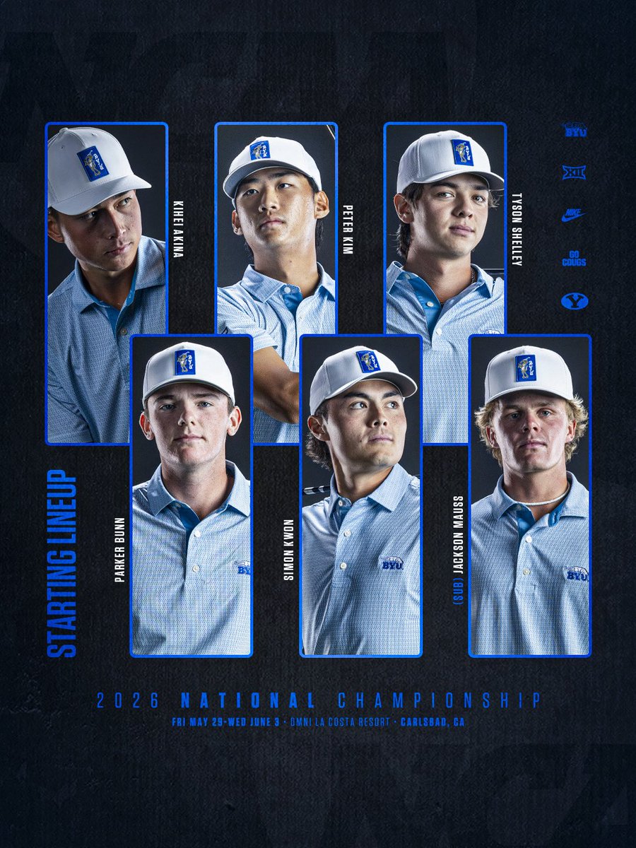 BYUmgolf's tweet photo. 𝟐𝟎𝟐𝟔 𝐍𝐚𝐭𝐢𝐨𝐧𝐚𝐥 𝐂𝐡𝐚𝐦𝐩𝐢𝐨𝐧𝐬𝐡𝐢𝐩 𝐒𝐭𝐚𝐫𝐭𝐢𝐧𝐠 𝐋𝐢𝐧𝐞𝐮𝐩 https://t.co/CU7LJUttJJ