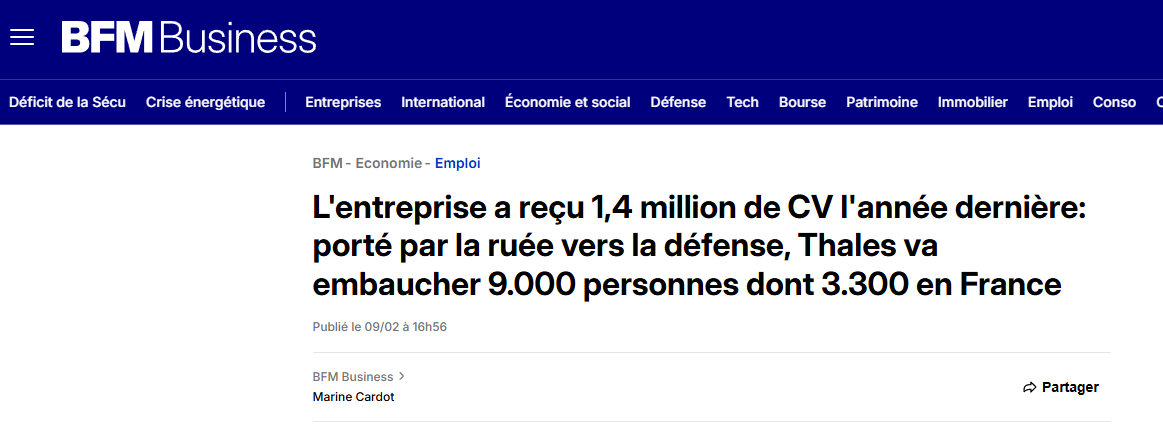 TanguyLacr0ix's tweet photo. « Thalès ça recrute », on me l'a dit pleeeeein de fois.

La réalité : 1,4 millions de candidatures, 9000 postes dont seulement 3300 en France. 

Les gens ne se rendent pas compte de la démesure. https://t.co/p1lOy10UG1