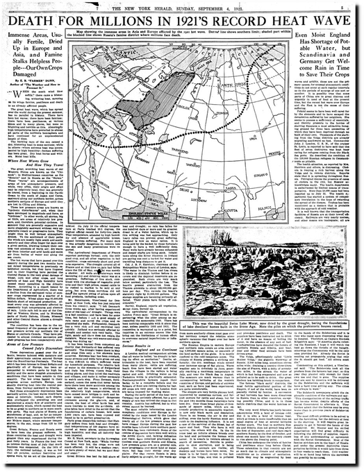 climacritic's tweet photo. Nel 1921 si verificò un’ondata di caldo e siccità globale che portò milioni di persone in Europa, Russia e Asia alla fame.  
Allora la CO2 (300 ppm) era a livello preindustriale. 

I giornalisti in TV che parlano di maggio più caldo di sempre, sono a livello prescientifico. https://t.co/sKQ06YkjPM