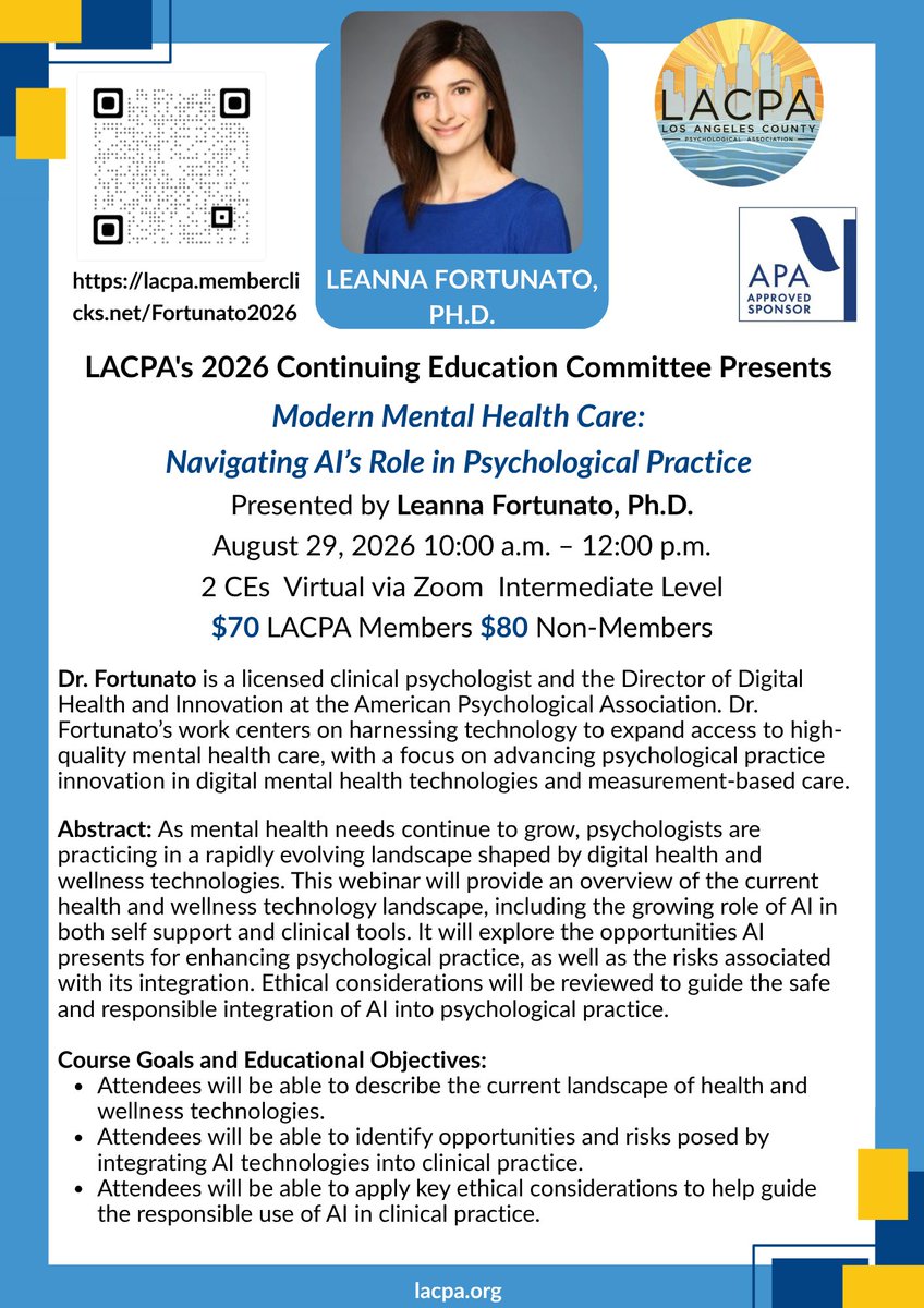 LACPApsych's tweet photo. 🎓 Modern Mental Health Care: Navigating AI’s Role in Psychological Practice
Presented by Dr. Fortunato
📅 Aug. 29, 2026
⏰ 10 AM–12 PM PT
💻 Zoom | 📚 Earn 2 CEs
🔗 https://t.co/FpHIh3zTJV
#MentalHealth #Psychology #AIinHealthcare #LACP https://t.co/HDZ6RsraEj