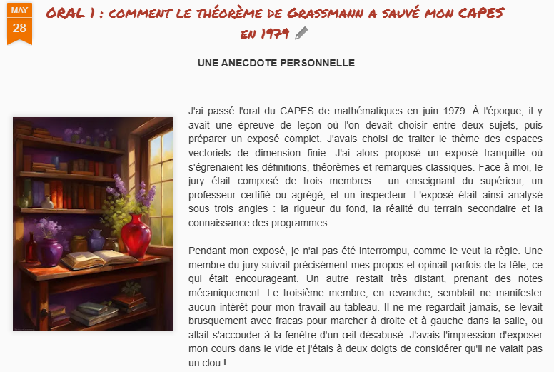 MegamathsTweets's tweet photo. ORAL CAPES maths
Le jury peut être déstabilisant !

Découvrez comment une démonstration élégante a transformé un oral incertain en une réussite mémorable.
Ne laissez pas vos nerfs décider de votre admission ! 

#CAPESMaths #Maths #Concours #Storytelling
https://t.co/xTzLLA6akp https://t.co/zLV1l60vqT