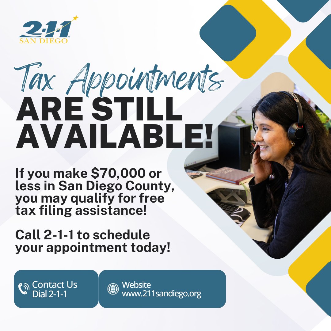 211SD's tweet photo. You may qualify for free tax preparation services! Certified tax preparers are available to help file your taxes &amp; see if you qualify for additional tax credits that can help you get the money you earned. Call 2-1-1 for more info &amp; schedule your free tax preparation appointment! https://t.co/RWIlCpJZzR