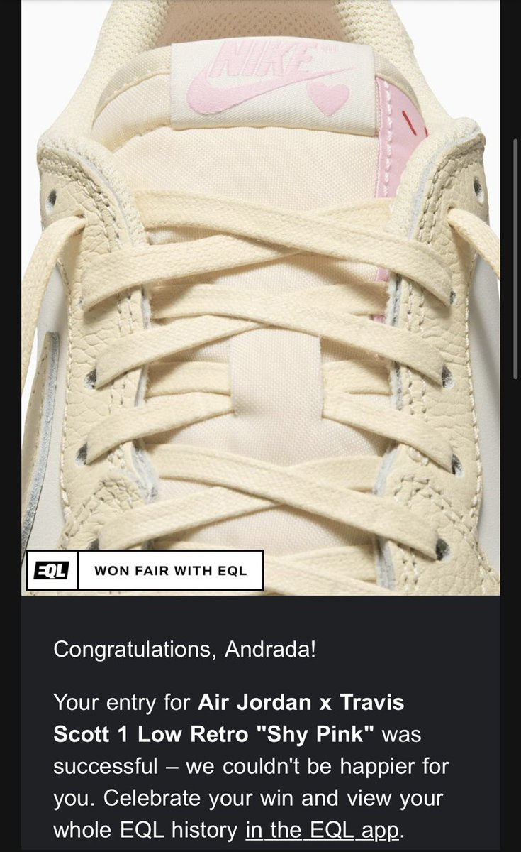 ToaderToni's tweet photo. My wife won her first pair of Travis 1’s on @FOOTDISTRICT !! First EQL raffle she has ever entered in and she won her size, the more limited colorway as well! https://t.co/ttjwxg0Tyt