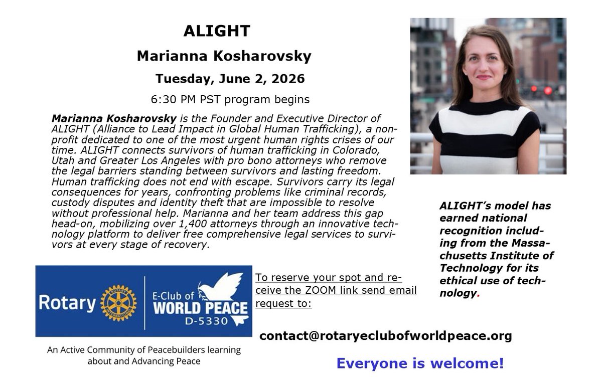ALIGHTnet's tweet photo. ALIGHT is honored to have been invited by @VisitRotary  to speak about #humantrafficking and the legal pathways that help survivors reclaim their lives. Our Executive Director Marianna Kosharovsky will be joined by Sheva Carr for the discussion. https://t.co/Y8pHwb0XJP