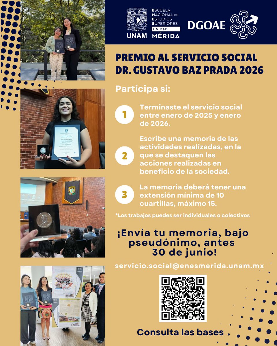 ENES_Merida's tweet photo. 📢 Participa en el Premio al Servicio Social Dr. Gustavo Baz Prada 2026.

Si realizaste tu servicio social entre enero de 2025 y enero de 2026, envía tu memoria antes del 30 de junio. 🐊✨

Consulta las bases de la convocatoria. https://t.co/Fhj7iVfyJU