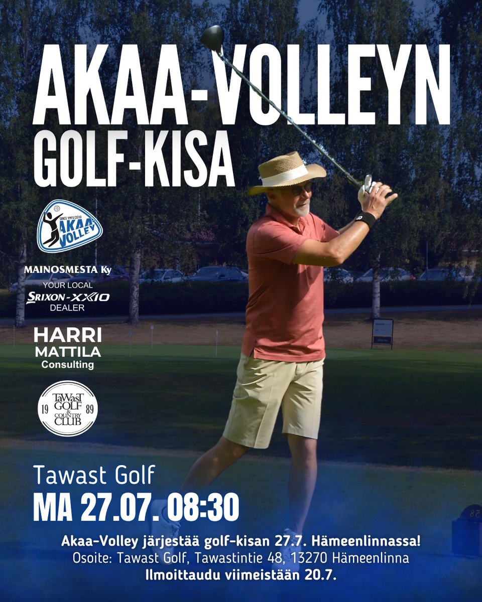AkaaVolley's tweet photo. AKAA-VOLLEYN GOLF-KISA HEINÄKUUSSA ⛳️

Päivä kalenteriin ja ilmoittautumaan! @AkaaVolley:n Golf-kisa 2026 järjestetään 27.7. Hämeenlinnassa Tawast Golfilla. Ilmoittautuminen suoraan golfklubille.

lisää: https://t.co/qQgFwGW7zy

#golf #akaa #tawastgolf #lentopallo https://t.co/KzpEqKjrGJ