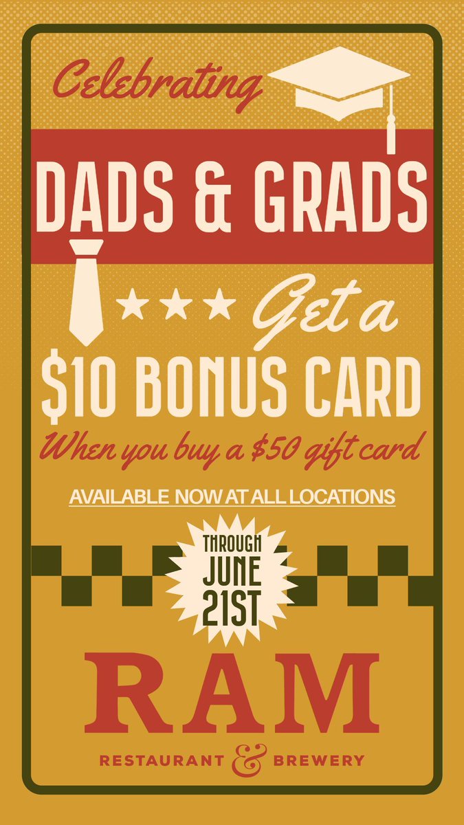 theRAM's tweet photo. Celebrate your dads, grads, and everyone in between. 🎓🍻
Buy a $50 gift card and get a free $10 bonus card now through June 21st! https://t.co/hCB5mKhT1e
