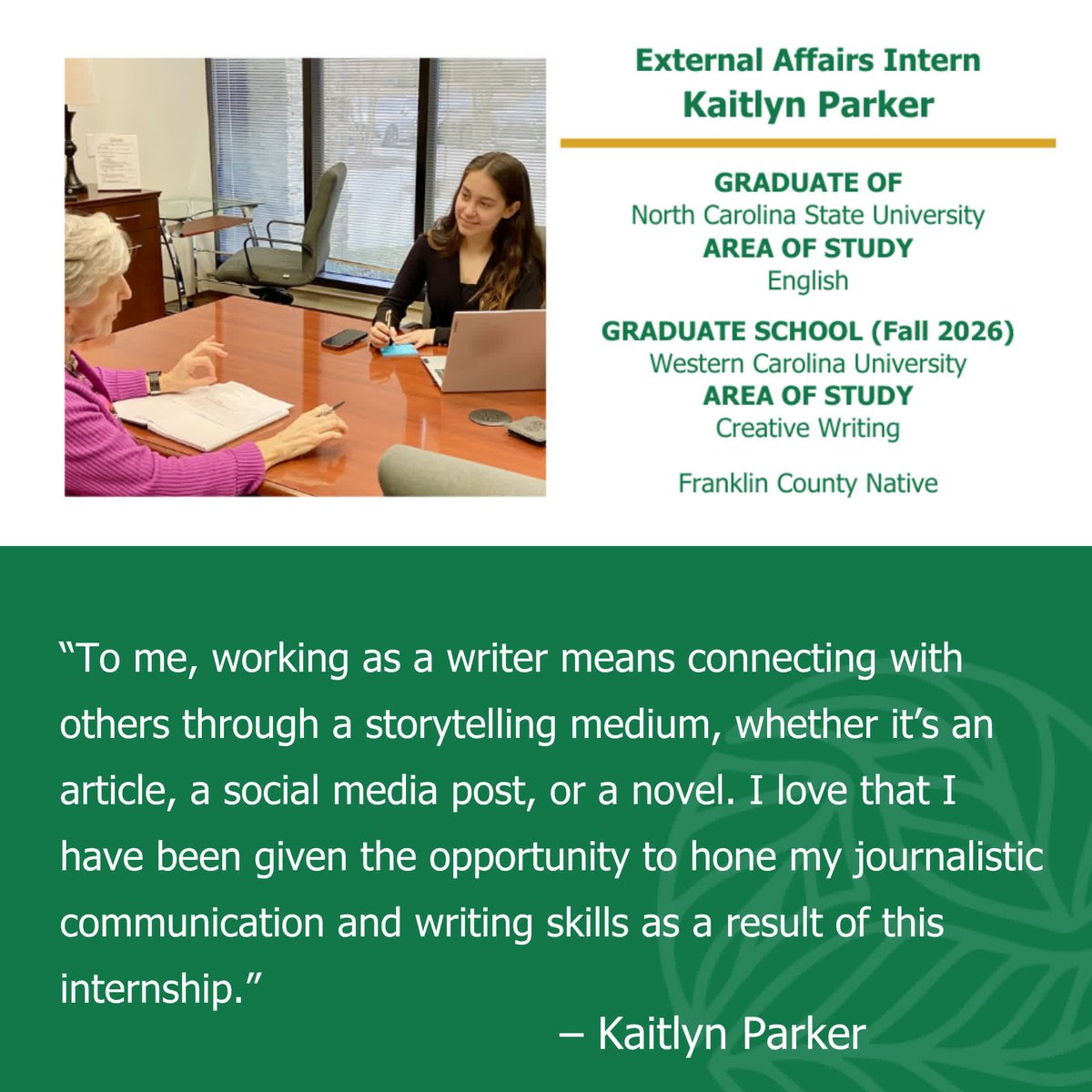 NCgoldenLEAF's tweet photo. 🌟Introducing Kaitlyn Parker, our Golden LEAF External Affairs Intern!
As she looks forward to a career in content writing after completing her Master's in Creative Writing, Kaitlyn aims to connect with others through storytelling: https://t.co/EA4SzkQNPY
#GoldenLEAF #RuralNC https://t.co/mSfP7rd0gF