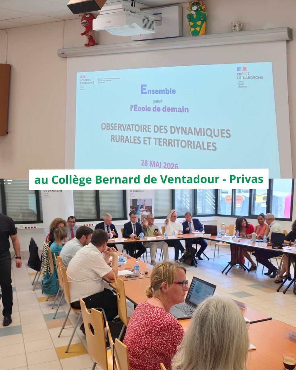 Prefet07's tweet photo. #Éducation | 🎒 📚 Une journée placée sous le signe de l’avenir des territoires ruraux en Ardèche
Le préfet de l’Ardèche, Benoît Trévisani, a signé aujourd’hui la convention du nouveau Territoire éducatif rural (TER) « Pays de Lamastre » au Collège du Vivarais, aux côtés de Philippe Dulbecco, recteur de l’Académie de Grenoble, Thierry Aumage, Inspecteur d’académie et directeur des services départementaux de l’éducation nationale de l’Ardèche, Ingrid Richioud, vice-présidente en charge de l’éducation et de la jeunesse au conseil départemental et Jean-Paul Vallon maire et président de la communauté de communes du Pays de Lamastre.

Ce dispositif, pensé pour répondre aux réalités des zones rurales et de montagne, vise à offrir à chaque élève les mêmes chances de réussite, malgré les contraintes liées à l’éloignement, aux mobilités ou encore à l’accès aux études et à l’emploi. Une ambition collective portée par l’ensemble des acteurs du territoire au service de la jeunesse ardéchoise.

La journée s’est poursuivie au Collège Bernard de Ventadour avec le comité de pilotage de l’Observatoire des dynamiques rurales et territoriales, auquel participent de nombreux élus. Cet espace de dialogue et de prospective permet de mieux comprendre les évolutions du territoire et d’adapter les politiques publiques éducatives aux besoins des habitants.

🤝 Une mobilisation collective pour garantir l’égalité des chances, renforcer l’attractivité des territoires ruraux et accompagner les parcours de réussite des élèves.