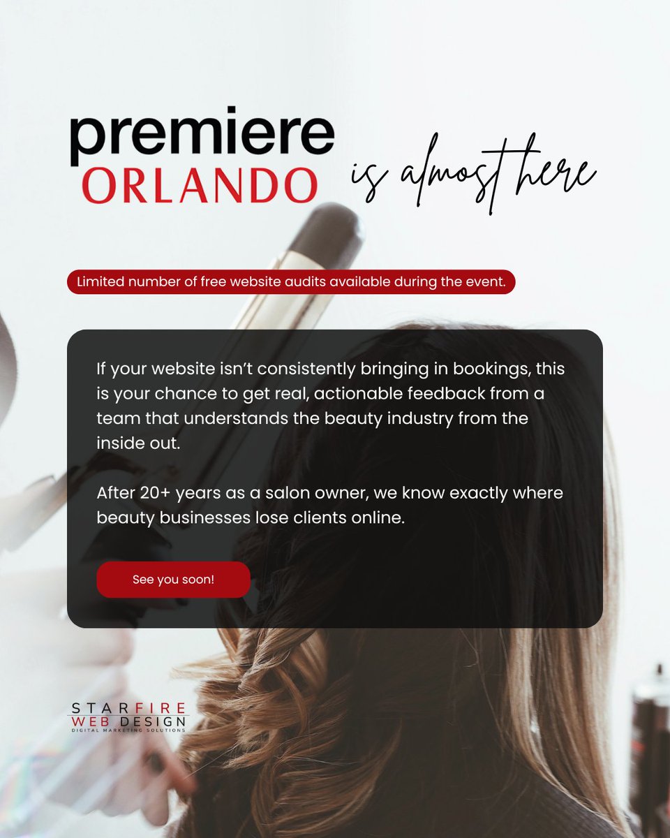 StarfireWeb's tweet photo. We only have a limited number of free website audits available at Premier Orlando.

Want to secure your spot before they’re gone?
Let’s get you scheduled

Reserve your free audit spot here:
https://t.co/gbkZedJOlV

#PremierOrlando #TheBrandedSalon #SalonMarketing #BeautyBusiness https://t.co/P8B9BOqJNS