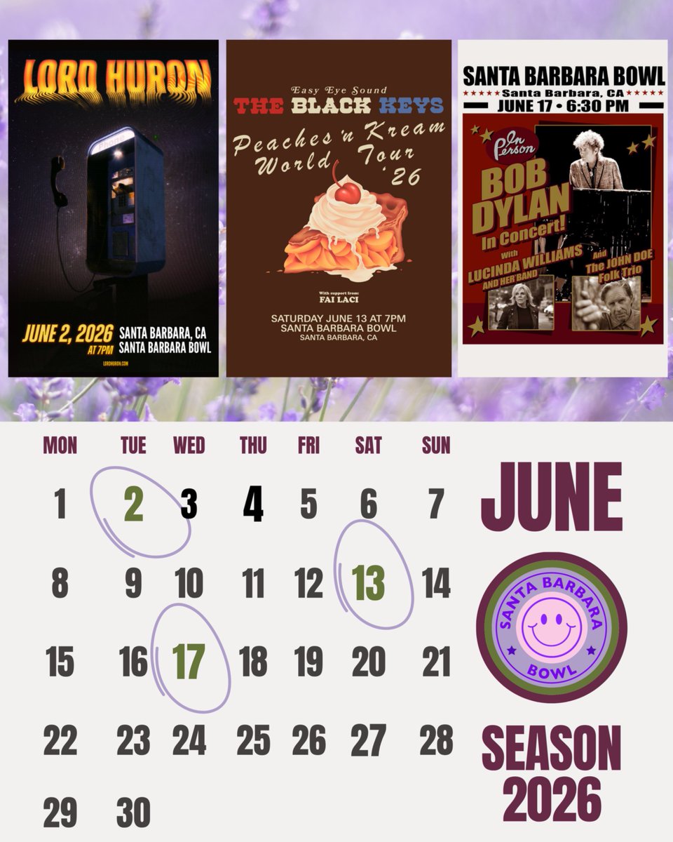 sbBowl's tweet photo. 🗓️ Mark your calendars and get ready for some incredible experiences at @sbbowl in June!

⭐ 6/2 - @LordHuron 
⭐ 6/13 - @TheBlackKeys
⭐ 6/17 - @BobDylan 

🎶 Stay tuned for all Bowl news and announcements https://t.co/F9pOpqmahj https://t.co/ehgGlNYtb6
