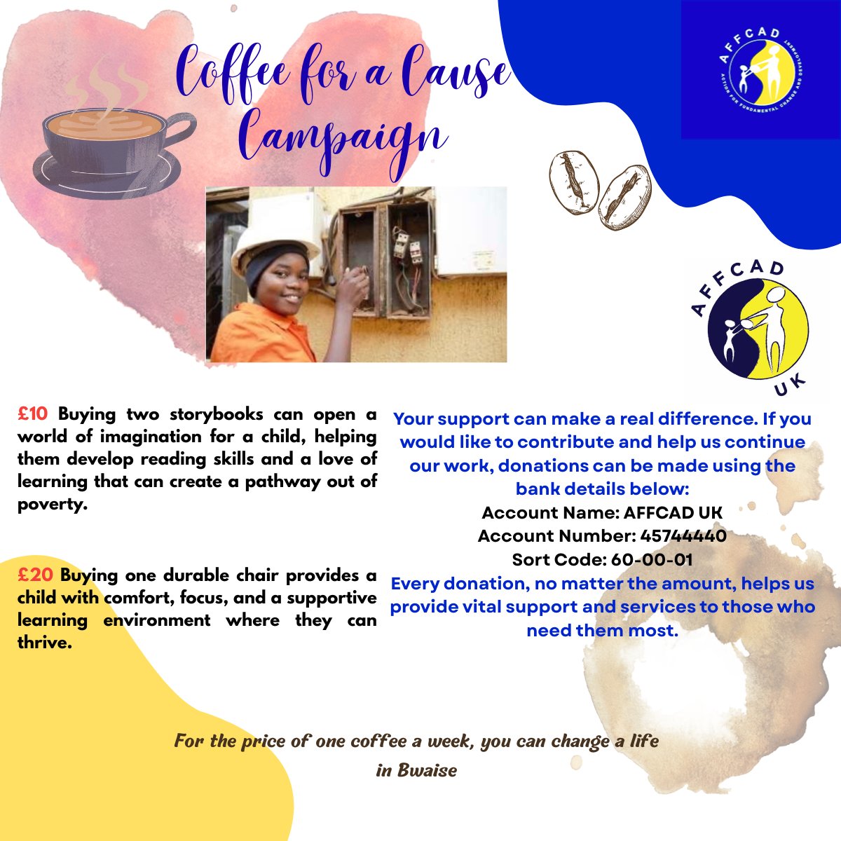 AFFCADUK's tweet photo. ☕ Change a life in Bwaise. £10 buys storybooks, £20 provides a chair. Every donation helps a child thrive. #CoffeeForACause https://t.co/90jaD9erDP