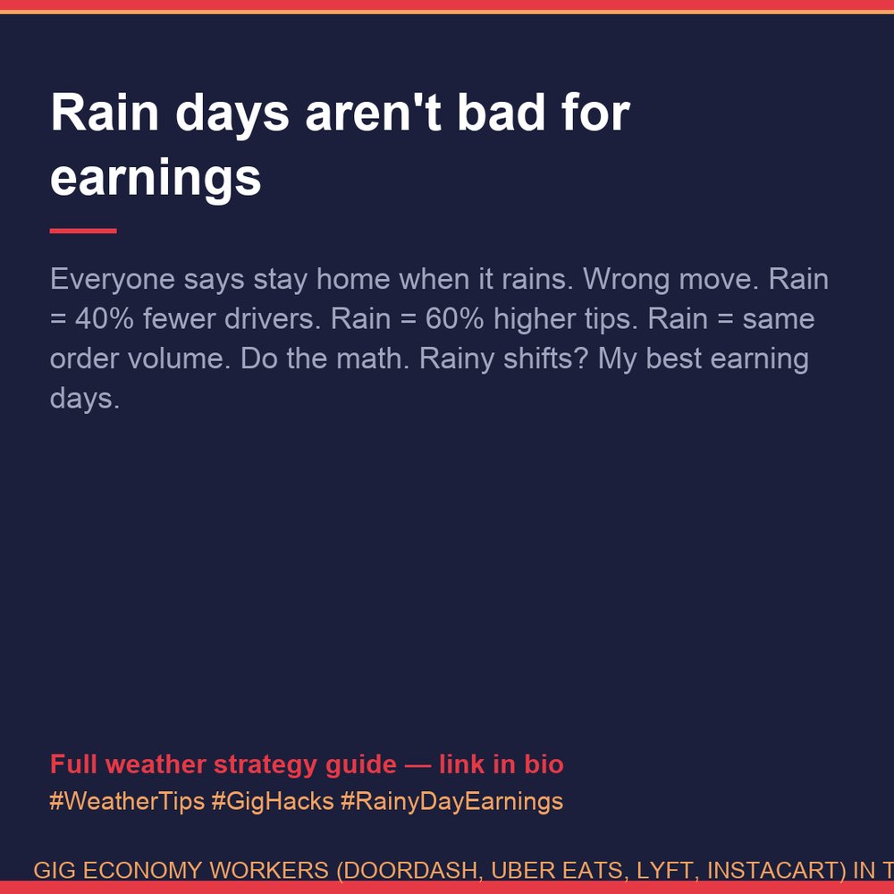 Bey_Majii's tweet photo. Everyone says stay home when it rains.

Wrong move.

Rain = 40% fewer drivers.

Rain = 60% higher tips.

Rain = same order volume.

Do the math.

Rainy shifts? My best earning days.

#WeatherTips #GigHacks #RainyDayEarnings https://t.co/wSV9LoIeJk