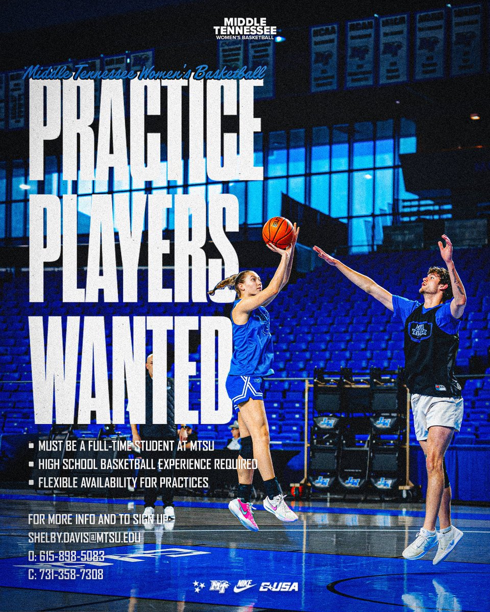 MT_WBB's tweet photo. 🗣️ Opportunity for @MTSU students!

We're looking for male practice players to join the squad for the upcoming season.

#TrueBlue https://t.co/hxpxADYSYt