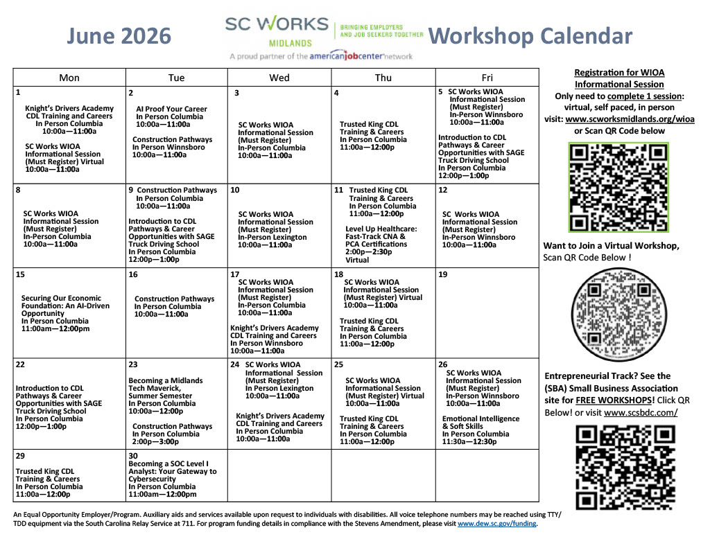SCWorksMidlands's tweet photo. 📅 Check out our June 2026 Workshop Calendar! Explore upcoming workshops, career development opportunities, hiring events, and resources designed to help you reach your goals. Be sure to mark your calendars and join us throughout the month! #WorkshopCalendar #CareerDevelopment https://t.co/4OinOwpjlH