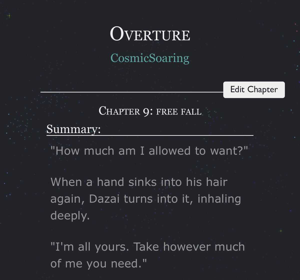 cosmic_sora_'s tweet photo. “Overture” chapter 9: free fall 
🪷8.1k words
🪷when in Paris 🥖
🪷final calm before the storm
🪷ptsd, anxiety attack
🪷fluff, exploration of feelings

Link below 👇🏽 https://t.co/RX9GZraF2h