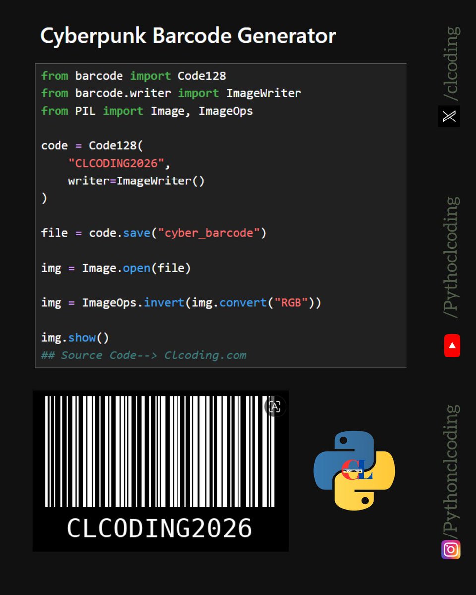 clcoding's tweet photo. Cyberpunk Barcode Generator in Python https://t.co/JoiWbXoMXC