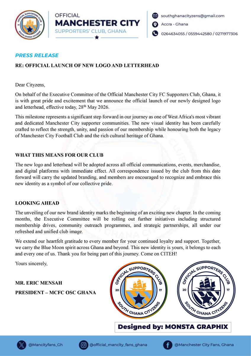 Mancityfans_Gh's tweet photo. Official Logo &amp; Letterhead Launch of the MCFC OSC, Ghana. 🇬🇭 🩵

#MCFC | #Mancityfans_Gh | #Mancityosc https://t.co/WVFCEH6b0E