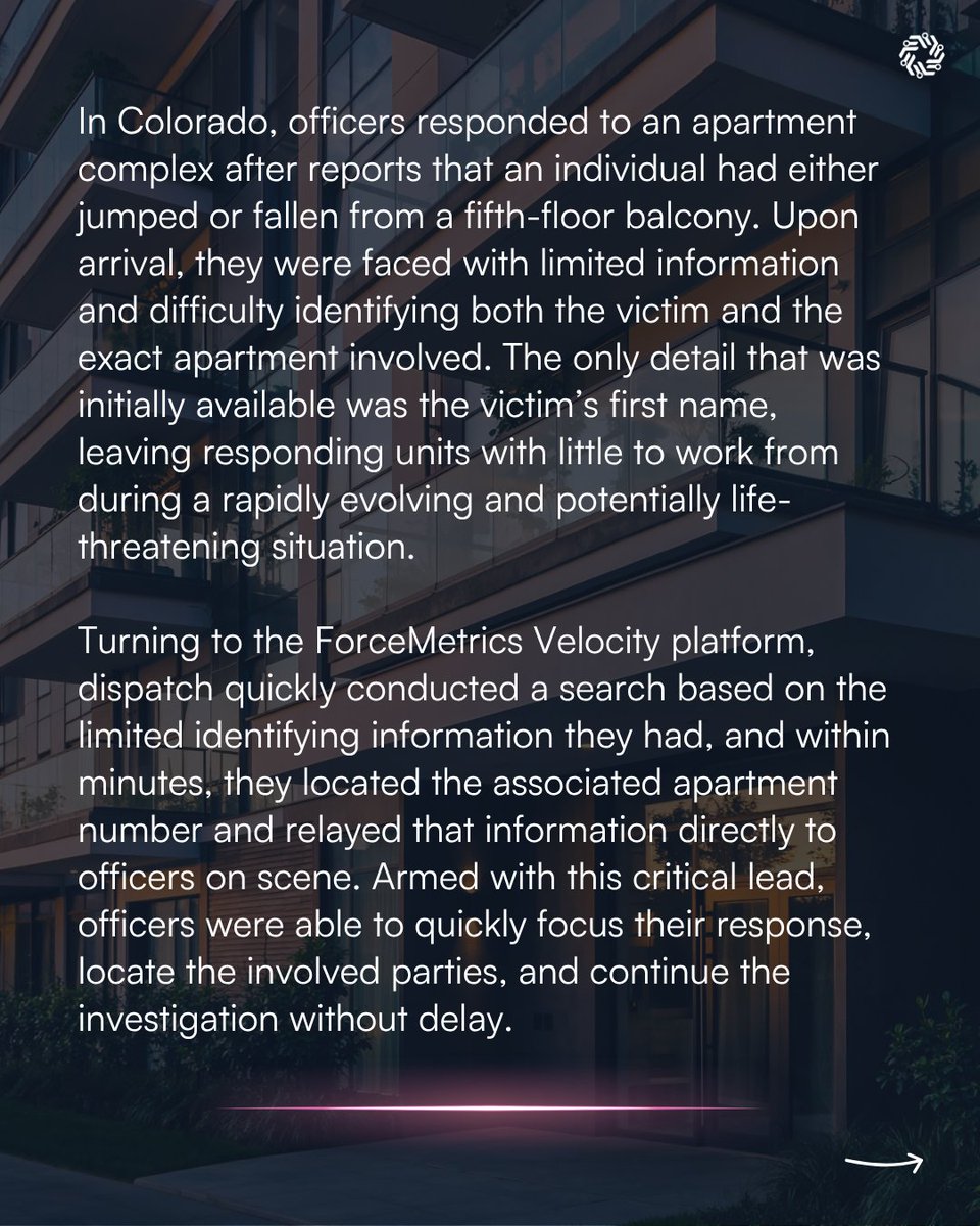 ForceMetrics's tweet photo. Officers in Colorado responded to an apartment complex after reports that an individual had a 5-story fall and had only the first name of the victim to go off of in their on-scene investigation.

Learn how FM Velocity helped uncover the whole story: https://t.co/YU06wYvj8n https://t.co/imwSFhZU3Y