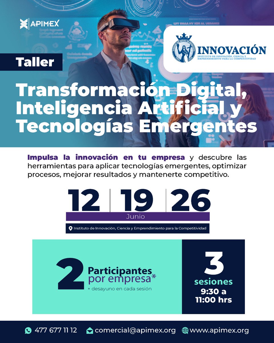 APIMEX_ORG's tweet photo. La transformación digital ya es clave para la competitividad de las empresas. 💡
En APIMEX te invitamos a este taller para conocer herramientas, innovación y tecnologías emergentes que pueden impulsar mejores resultados en tu empresa. 

📅 12, 19 y 26 de junio
¡Contáctanos! https://t.co/D6WZNXc9yy