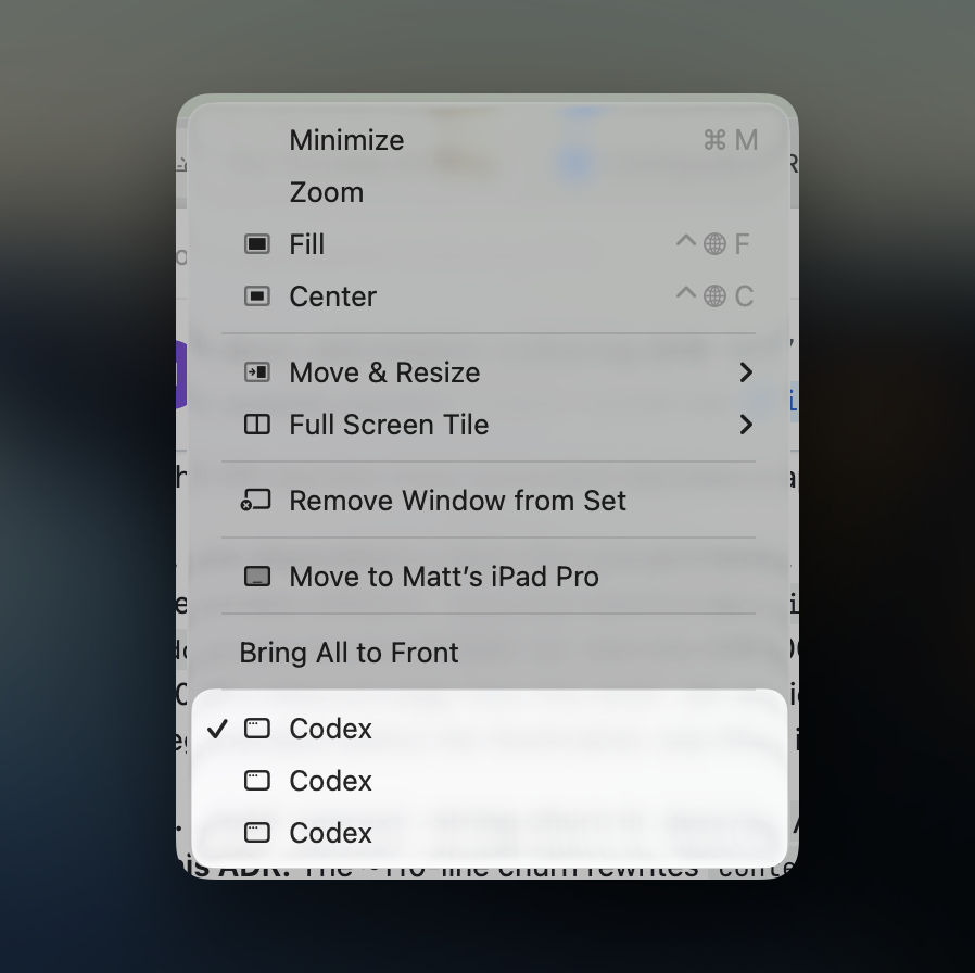 mg's tweet photo. The Codex macOS app is truly a pleasure to use, so very little in the way of complaints there.

For my use cases, I tend to fire up multiple windows, which is nice…but they're all just named "Codex." That can make some workspace automation and scripting hard.

@romainhuet @embirico it would be awesome if they might be able to carry a name, so that there's more visibility into what's going on in each window!