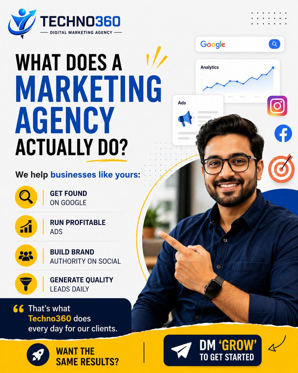 mprajakta01's tweet photo. What does a digital marketing agency actually do?
At Techno360, we help businesses
✅ Get found on Google
✅ Run profitable ads
✅ Build brand authority
✅ Generate quality leads
📈 We don’t just market. We grow businesses.
💬 DM “GROW” to get started.
#DigitalMarketing#Techno360 https://t.co/zchs7GwxlD