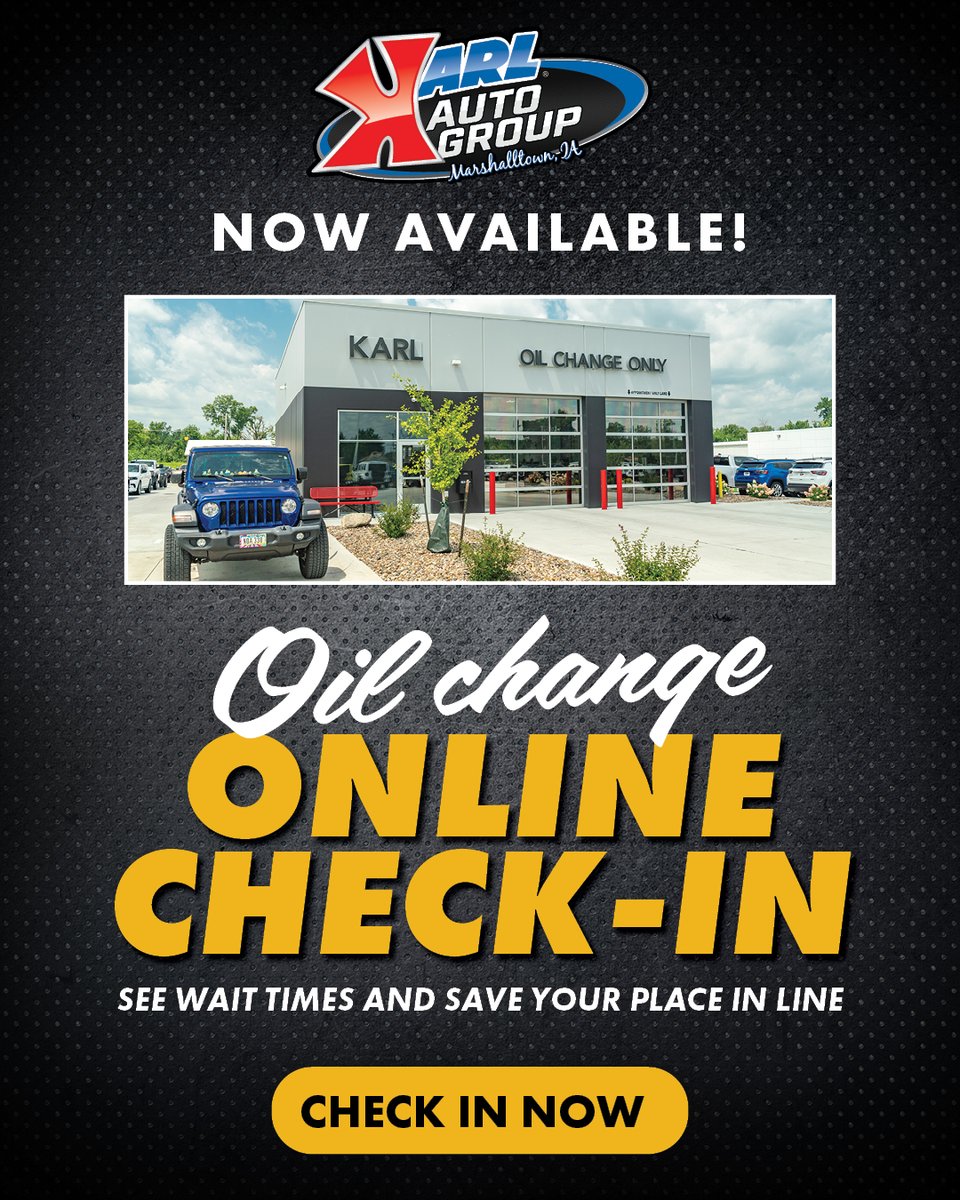 KarlAutoGroup's tweet photo. Oil change due? 🛠️
Check in online, see wait times, and reserve your spot before you arrive.
Save your place in line today! https://t.co/3uYZLc6zSo https://t.co/s2gzyBxXMQ