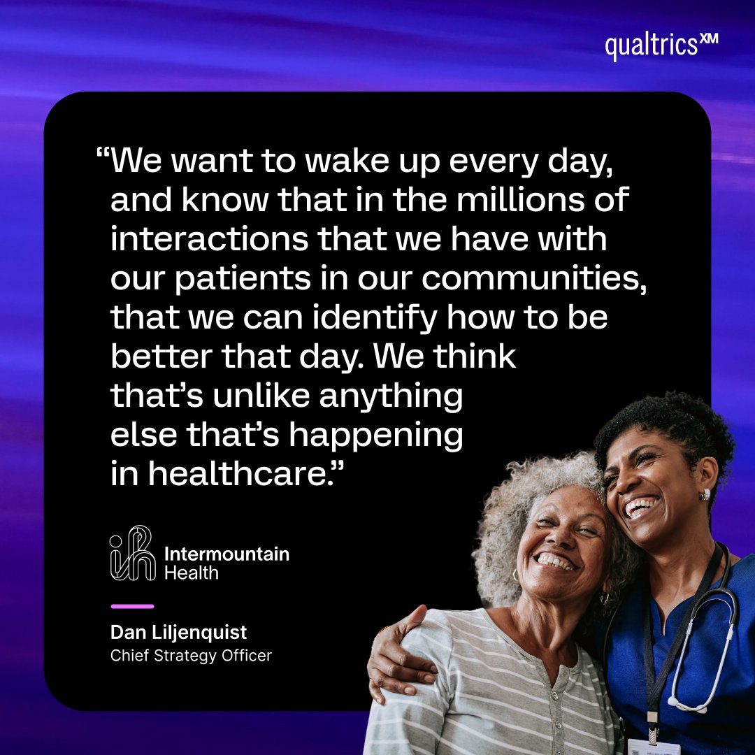 Qualtrics's tweet photo. 34 hospitals. 400 clinics. Millions of patient interactions. @Intermountain uses our XM platform to listen, act on feedback in real time, and improve patient care. https://t.co/u5ZSnfgbMd https://t.co/oXlSFAnrEe