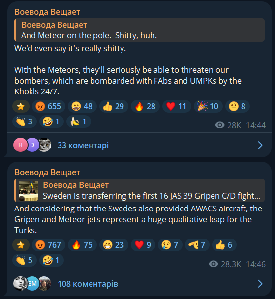wartranslated's tweet photo. The Russians are not thrilled about Ukraine getting the fighter jets. They are whining that the new Gripens, paired with Meteor missiles, will pose a serious threat to Russian bombers. https://t.co/iWJ1vobMfI