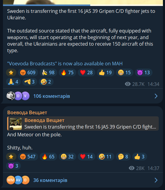 wartranslated's tweet photo. The Russians are not thrilled about Ukraine getting the fighter jets. They are whining that the new Gripens, paired with Meteor missiles, will pose a serious threat to Russian bombers. https://t.co/iWJ1vobMfI