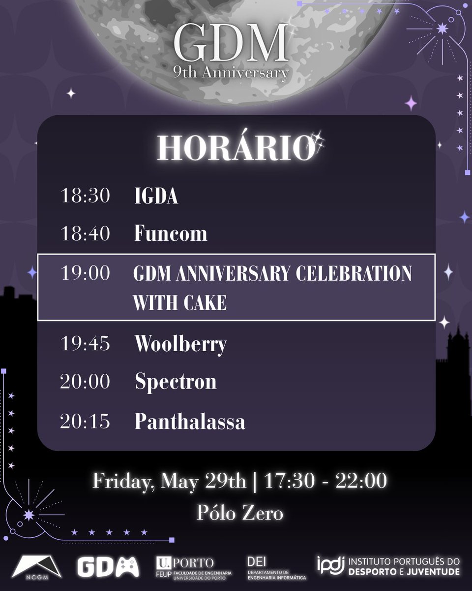 GDMPorto's tweet photo. ‼️É JÁ AMANHÃ ‼️

Aproveitamos este facto para vos mostrar o horário das apresentações de amanhã! 🥳

Abrimos as portas às 17h30. Contamos com a vossa presença, não se vão arrepender! 🎂 

#gamedev #feup #ncgm #porto #gamedevmeet https://t.co/i9wIv3zarQ