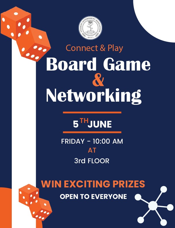WUSTEDU's tweet photo. 🎲🤝Join us for an exciting morning of games, networking, and community at the SGA Board Games &amp; Networking Event!

Meet fellow students, connect with SGA members, and enjoy fun games in a relaxed atmosphere.

📅 Friday, June 5
⏰ 10:00 AM
📍 3rd Floor Student Lounge

#WUST #SGA https://t.co/VuYrCZRhNi