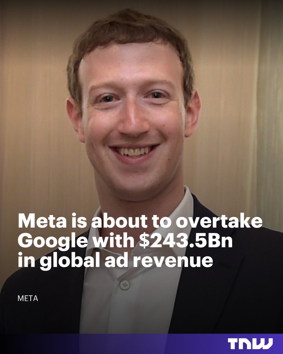 thenextweb's tweet photo. For the first time, Google won't be advertising's biggest seller.
Meta didn't win on size. It won on speed, growing 24.1% to Google's 11.9%. https://t.co/Lpy0FyhRUo https://t.co/nPBEqpUeH6
