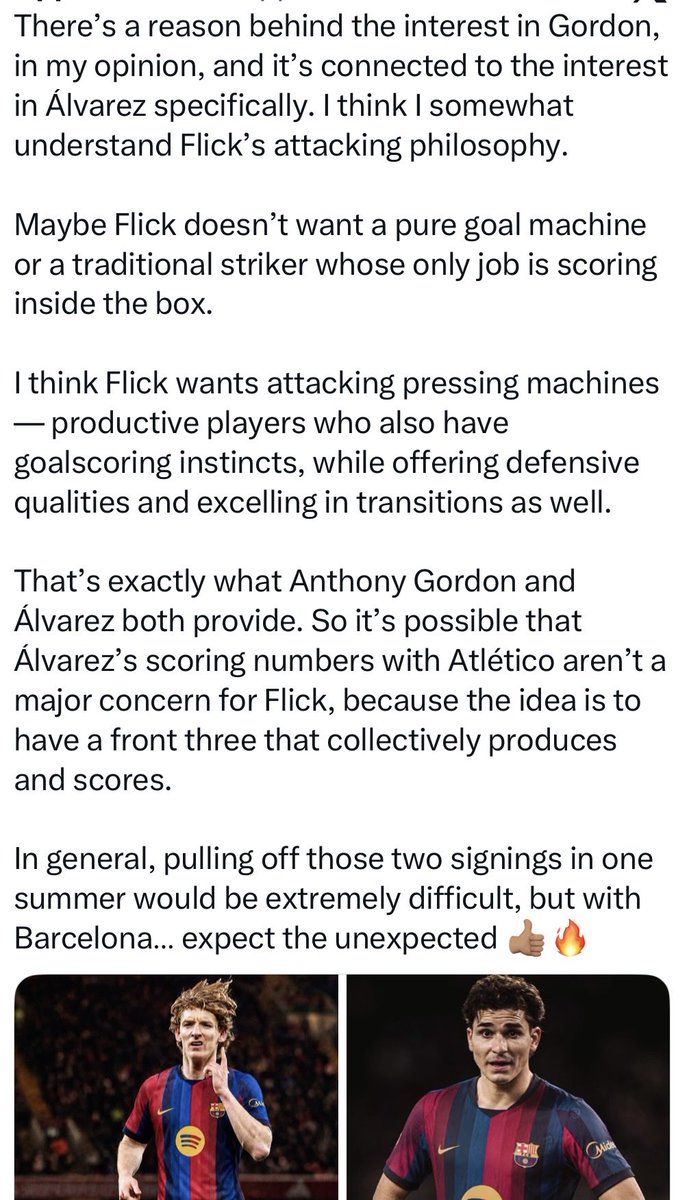 Nils_wu's tweet photo. @skrogh85 @MonkeyDmelo Nej eneste pres på Atlético er dét, som Alvarez selv lægger.  Ift hans beskedne måltal, så prøv at læse dette skriv. Måske Flick planlægger en fronttrio lidt ala Luis Enriques i PSG. 3 hurtige og mobile spillere, der konstant spiller i ryggen på modstanderne - og samtidig presser https://t.co/Vee0HayAEU