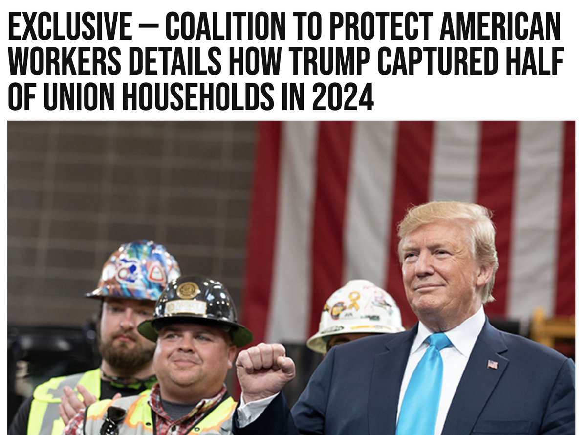 PLUACommittee's tweet photo. In 2024, 45% of union households supported President Trump.

Yet @USWorkersFirst found that 94.8% of political spending from 10 of the nation’s largest unions went toward opposing him — exposing a massive disconnect between union members and union leadership. https://t.co/feUXB8AAQl