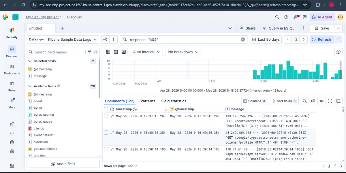 only_Lawrence's tweet photo. Switched from Splunk to Elastic Cloud/Kibana and tried to keep the same SOC mindset.

Ran KQL in Discover (404s, client IP, time range) and built an auth-failure threshold detection rule.

Biggest lesson: field names + group-by/time windows matter. 
https://t.co/aGzhWVDOs9 https://t.co/f4NrwCqEsR