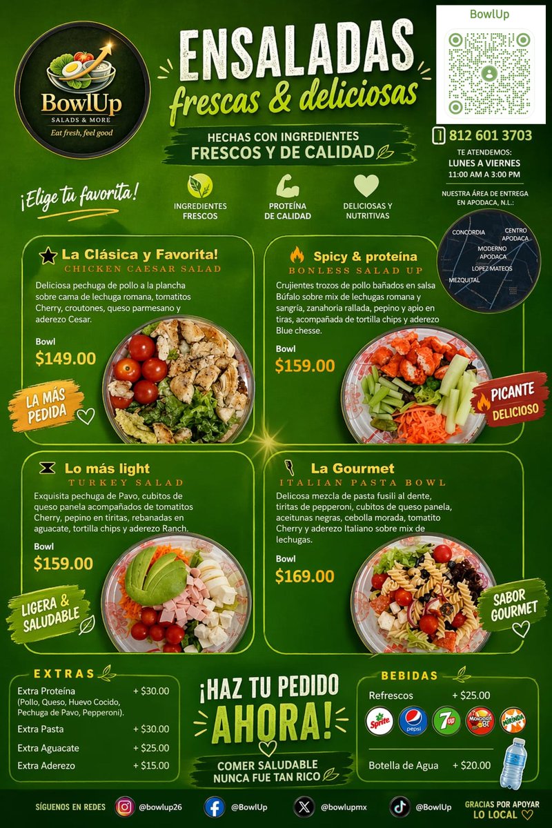 Bowlup26's tweet photo. @CarlosCArreola1 Cansado de comida grasosa y que no satisface?  En Bowl Up te ofrecemos deliciosas ensaladas,preparadas al momento con ingredientes frescos de calidad! Come ligero delicioso y llenador. Pídenos por WhatsApp  al 8127013703 y te lo llevamos a tu domicilio  sin  costo...
#Apodaca https://t.co/3WM5utzxIj