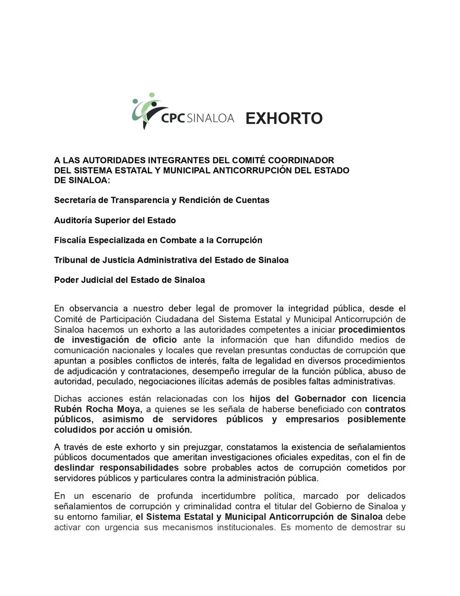 cpcsinaloa's tweet photo. 🚨 Exhortamos a las autoridades competentes a que se inicien investigaciones de oficio por presuntos actos de corrupción donde se vincula a los hijos del Gobernador con licencia Rubén Rocha Moya, junto a redes de servidores públicos y empresarios, en el rubro de obras públicas y adquisiciones. 
#Sinaloa #Rocha #Culiacán @emeequis @MXvsCORRUPCION  @IniSinaloa  @observatoriomzt @CoparmexSinaloa @FiscaliaSinaloa @GobiernoMX @sinaloagobmx @STRCSinaloa @congresosinaloa @BuenGobierno_mx @RedCpcs @vaniaperezmor