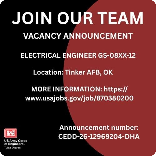 SwdUsace's tweet photo. Tulsa District: Interdisciplinary Engineer (GS-12)
Support the mission at Tinker AFB. #USACE is hiring a versatile #engineer to join our project delivery team and oversee the complex military construction that drives operational readiness. https://t.co/ZskKLFopkb