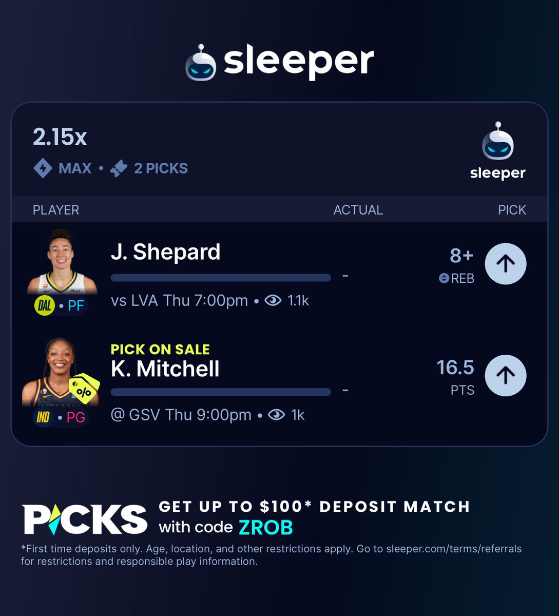 ZRob4444's tweet photo. Sleeper slips💤💤

FREE $20 — No Deposit Required!
Plus, first-time users also receive a 100% deposit match up to $100⬇️

https://t.co/RsAvTzyJXp
Code- ZROB https://t.co/0IDyGlpRcz