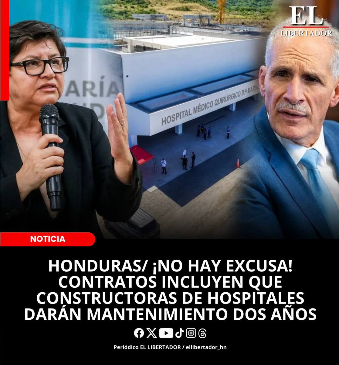 ellibertador_hn's tweet photo. HONDURAS/ ¡NO HAY EXCUSA! CONTRATOS INCLUYEN QUE CONSTRUCTORAS DE HOSPITALES DARÁN MANTENIMIENTO DOS AÑOS

La extitular de la Secretaría de Salud (Sesal), Carla Paredes, desmintió las declaraciones del presidente nacionalista Nasry “Tito” Asfura, luego que este afirmara que los hospitales construidos durante la administración de la presidenta Xiomara Castro (2022-2026), requerirán procesos de mantenimiento.

Paredes aseguró que los contratos de construcción de los nuevos centros hospitalarios ya incluyen el mantenimiento de las instalaciones y equipos médicos por un período de dos años, responsabilidad que recaerá directamente en las empresas constructoras.

“No necesitan hacerlo, señor Asfura. Está en el contrato y lo va a realizar la empresa que está construyendo los hospitales durante dos años. Incluso, puede terminar su gobierno y ese proyecto todavía seguirá cubriendo el mantenimiento”, expresó.

La exfuncionaria también cuestionó las declaraciones de Asfura respecto a la privatización de los principales hospitales del país y recordó que varias mejoras en el Hospital Escuela fueron ejecutadas por Castro.

#paratí #Honduras #notícias
