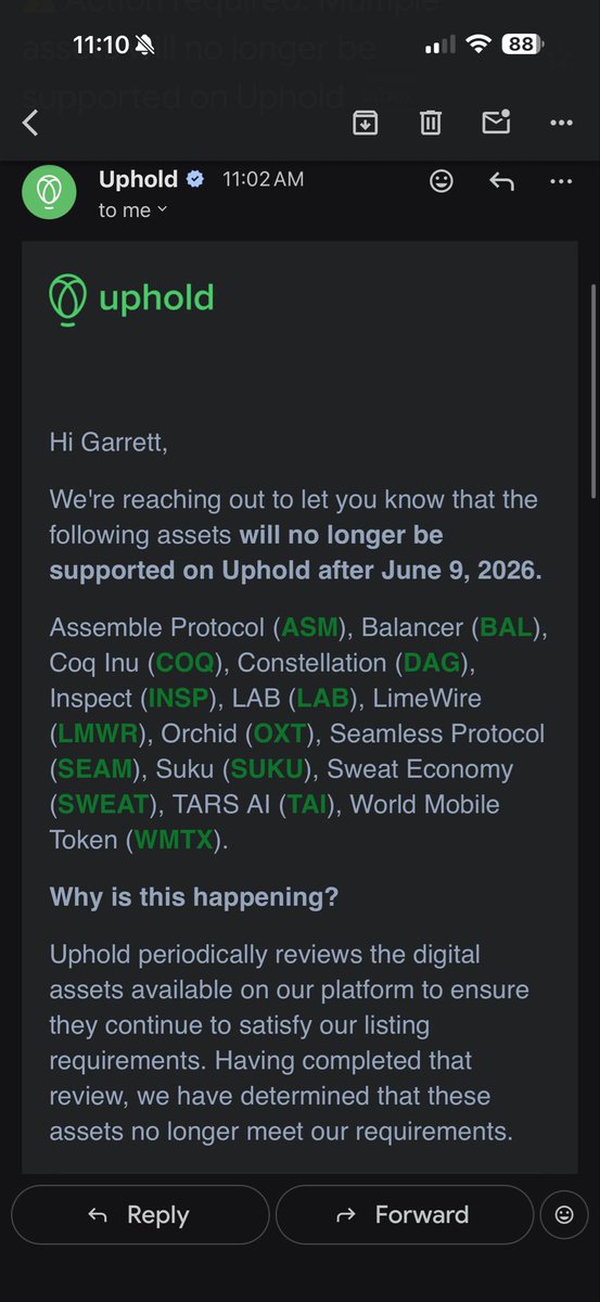 GPtheDirector's tweet photo. @Dagnum_PI @Conste11ation Just when I thought DAG couldn’t get any worse? Uphold is forcing me to sell it and take a MASSIVE 75% loss? Are you kidding me? How is this legal? WTF!! https://t.co/CoFGiDvA3I