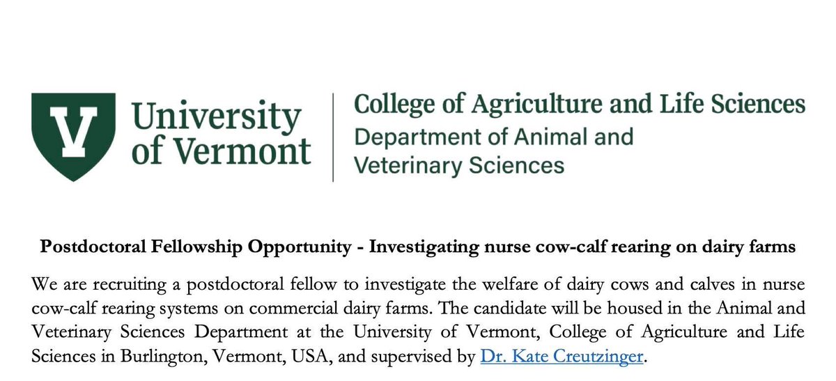 appliedethology's tweet photo. #postdocalert
Postdoctoral Fellowship for Investigating nurse cow-calf rearing on dairy farms
University of Vermont, USA
More information: https://t.co/LuzPIpfylj https://t.co/aSZ5kmIQ4m