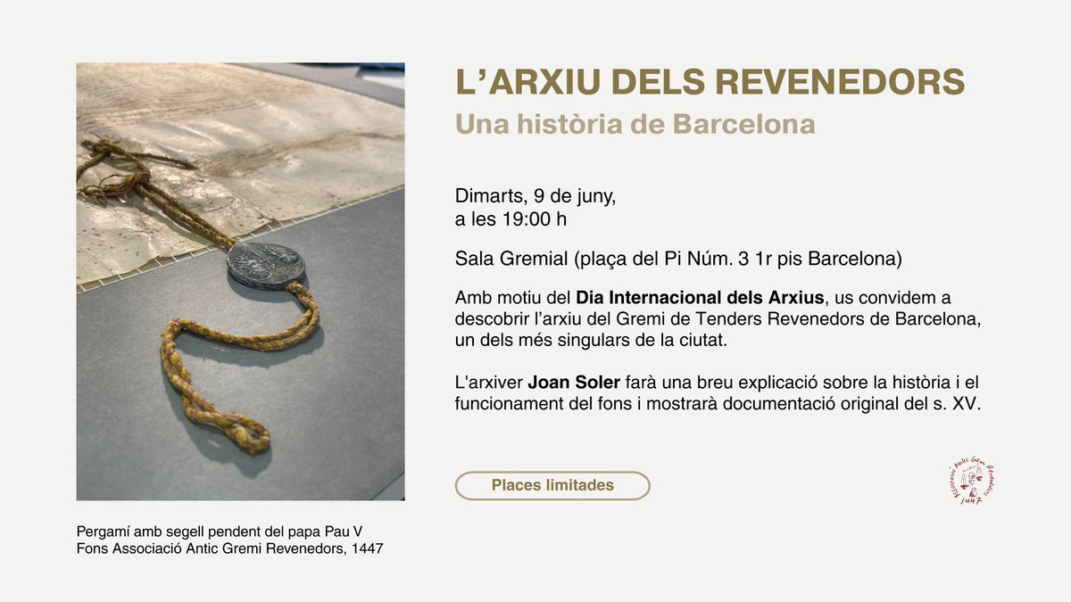 revenedors's tweet photo. 📜 L'arxiu del Gremi de Tenders Revenedors és història viva de Barcelona. Vols descobrir per què?

El 9 de juny, Dia Internacional dels Arxius, en @JoanDrive, arxiver de l'entitat, mostrarà els pergamins del s. XV i parlarà sobre la funció social dels arxius.

👉 Places limitades: https://t.co/Od90UW9mpZ