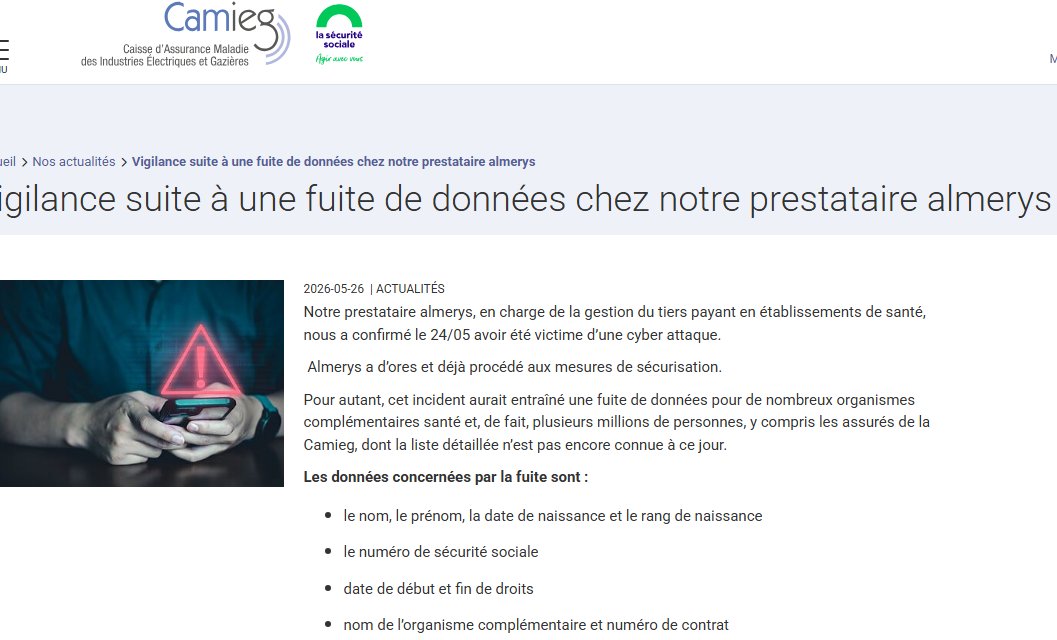 seblatombe's tweet photo. Après la cyberattaque massive visant Almerys, les mutuelles et organismes de santé commencent à prévenir un à un leurs adhérents.

Des millions de Français reçoivent actuellement des notifications confirmant l’exposition potentielle de données sensibles : numéro de sécurité sociale, identité, informations de contrat santé…

Cette nouvelle vague de communications intervient après un second piratage majeur d’Almerys, concernant potentiellement plus de 44 millions de données et plus de 15 millions de numéros de sécurité sociale.

Les conséquences peuvent être importantes : phishing ciblé, usurpations d’identité, faux conseillers santé, fraudes administratives ou encore exploitation du numéro de sécurité sociale dans des arnaques particulièrement crédibles.

Et c’est loin d’être terminé : de nouveaux secteurs semblent être devenus les nouvelles cibles des cybercriminels, et des dizaines de millions de Français seraient potentiellement impactés.