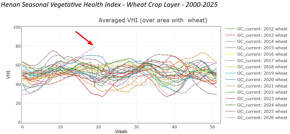 crushspread's tweet photo. China's largest wheat province is starting large-scale harvesting. Vegetative Health Index has gone from the worst since 2000 at the start of the year to the best. https://t.co/baYSjqxIFU