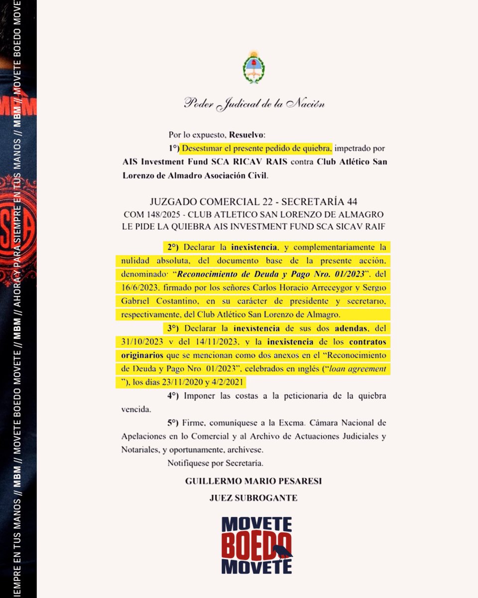 moveteboedo's tweet photo. FRENAMOS EL PEDIDO DE QUIEBRA DEL FONDO SUIZO

Como le dijimos a la IGJ y al Juez del Expediente, no había motivos para que prosperara el pedido de quiebra si no estaban los papeles originales de la deuda y si existía un recurso de queja ante la Corte Suprema. 

Por eso la IGJ nos dio la razón y lo intimo a Costantino a frenar las negociaciones con los suizos. Y por eso el Juez también recogió esa resolución de la IGJ para ponerle un límite a Costantino e impedir que firmara un acuerdo con los Suizos. 

Hoy el juez resolvió que, como dijimos, al no haber papeles originales válidos se debía caer el pedido de quiebra.

Costantino una vez más quedó expuesto. ¿Por qué estaba tan apurado en llegar a un acuerdo? 

Siempre dijimos que estaba de los dos lados del mostrador. Y MBM siempre estuvo del lado de la verdad. Por eso fuimos a la IGJ, por eso fuimos al Expediente de la quiebra. 

Este sábado es con @negrocasla 
Este sábado vota Lista 3 🗳️🔵🔴