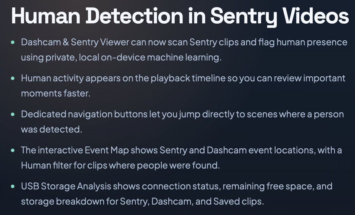 StatsTeslaApp's tweet photo. New in Stats app: Human Detection in Sentry videos
https://t.co/FWSZVNidjg https://t.co/vMS2x6MNHu