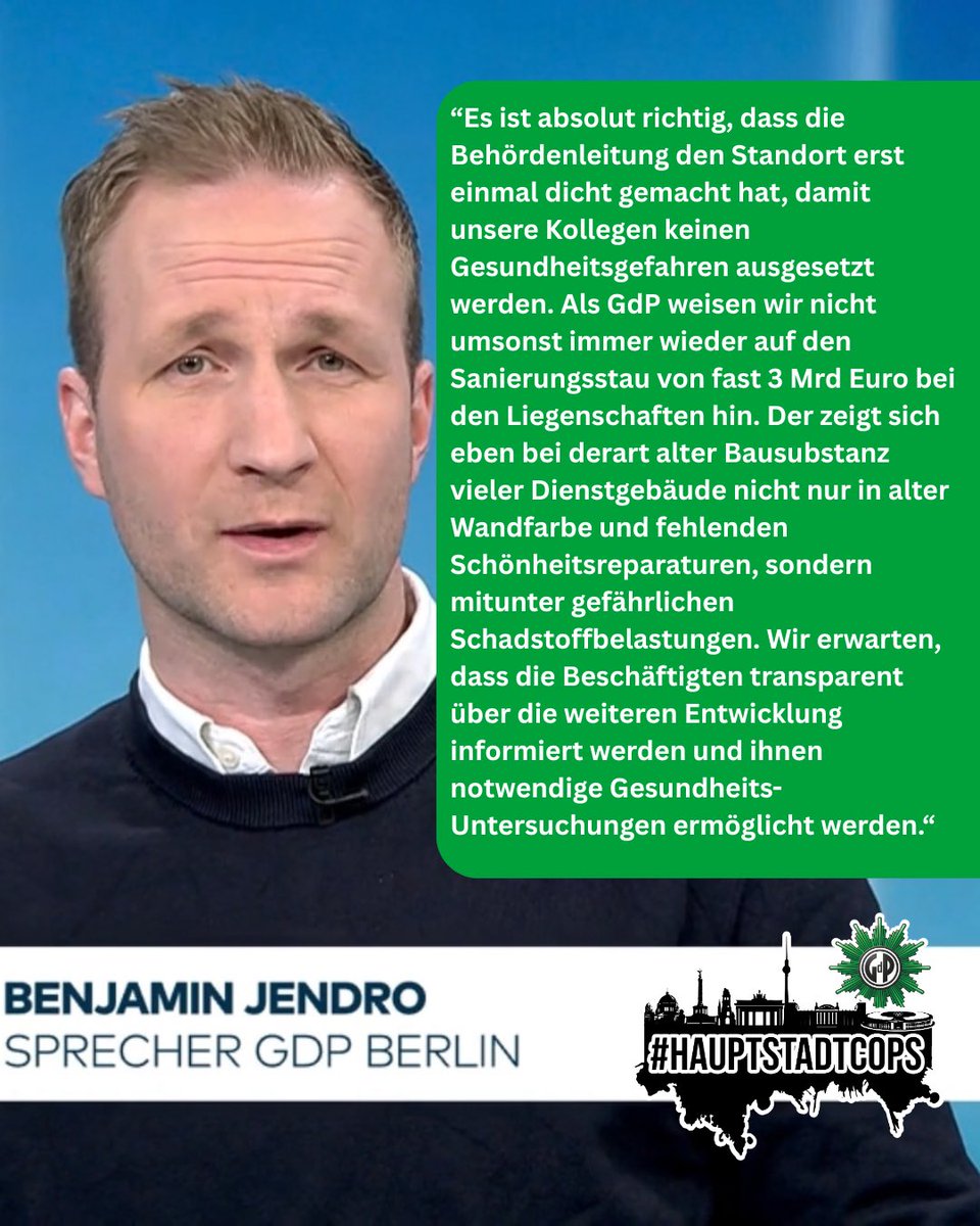 GdPHauptstadt's tweet photo. „möglicherweise gesundheitsgefährdende mineralfaserhaltige Baustoffe“ in Gebäuden des Sicherstellungsgeländes an der Belziger Straße - Die @polizeiberlin hat reagiert - #GdP-Sprecher @Djeron7 hat am Abend mit @Reporter_Flash @bzberlin darüber gesprochen https://t.co/vc621El6Q7 https://t.co/wqJLRHUOKz