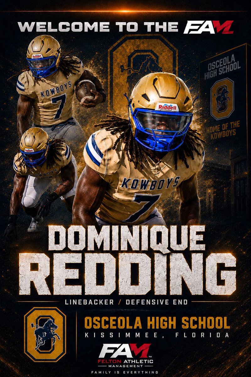 FeltonBiz's tweet photo. 🚨WELCOME TO THE FAM🚨

Felton Athletic Management is proud to officially welcome @Domredding26 to the FAMILY! 💪🏾🏈

Dominique is a relentless LB/DE out of Osceola High School in Kissimmee, Florida whose motor, toughness, and athleticism separate him from the rest. A true competitor with explosive playmaking ability, he brings intensity and leadership every time he steps on the field.

The future is bright for this young star, and we’re excited to be part of his journey both on and off the field. Let’s work! 🔥

Welcome to the FAM, Dominique! 🤝

#WelcomeToTheFAM #FAMily #HESWAW #DominiqueRedding

@CoachEP_OHS @CoachBradLennox @Kowboy_Football @OS_ChrisHays @FLPrepVarsity @CenFLAPreps @PrepRedzoneFL @MaxPreps @RivalsHS @247Sports